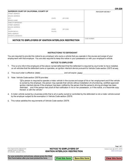 View CR-226 Notice to Employers of Ignition Interlock Restriction form