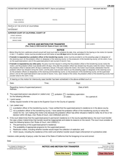View CR-250 Notice and Motion for Transfer form