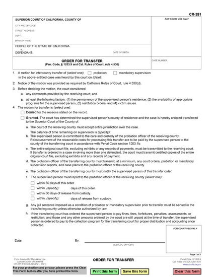 View CR-251 Order for Transfer form