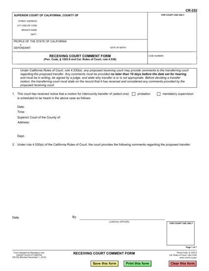 View CR-252 Receiving Court Comment Form form