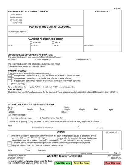 View CR-301 Warrant Request and Order form