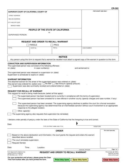 View CR-302 Request and Order to Recall Warrant form