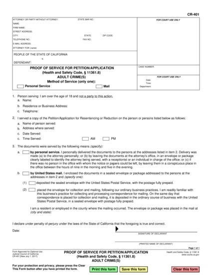 View CR-401 Proof of Service for Petition/Application Under Health and Safety Code Section 11361.8—Adult Crimes form