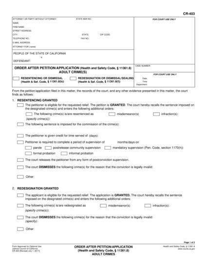 View CR-403 Order After Petition/Application (Health and Safety Code § 11363.8) Adult Crimes form
