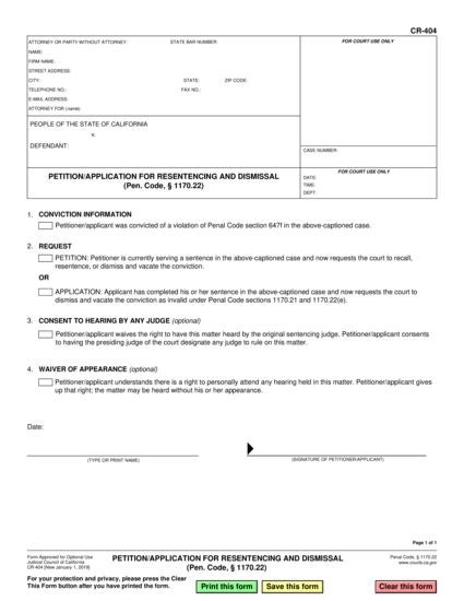 View CR-404 Petition/Application for Resentencing and Dismissal form