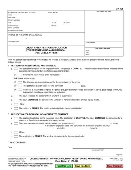 View CR-405 Order After Petition/Application for Resentencing and Dismissal form