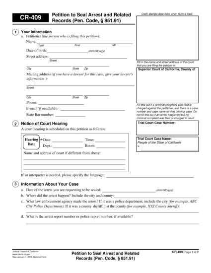 View CR-409 Petition to Seal Arrest and Related Records form