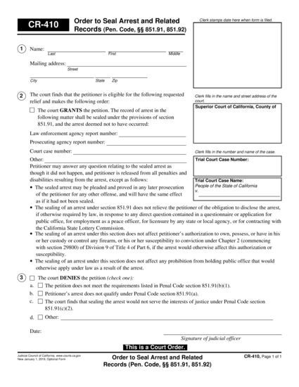 View CR-410 Order to Seal Arrest and Related Records (Pen. Code, Sections 851.91, 851.92) form