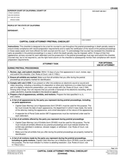 View CR-600 Capital Case Attorney Pretrial Checklist (Criminal) form
