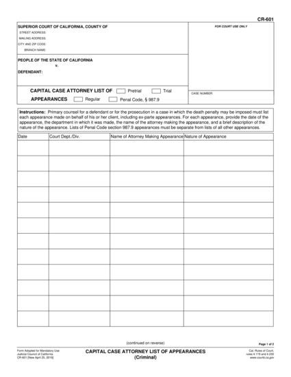 View CR-601 Capital Case Attorney List of Appearances (Criminal) form