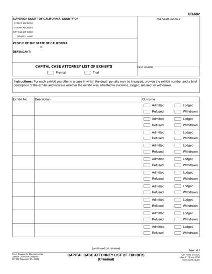 View CR-602 Capital Case Attorney List of Exhibits (Criminal) form