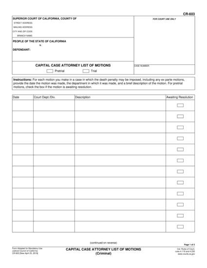 View CR-603 Capital Case Attorney List of Motions (Criminal) form