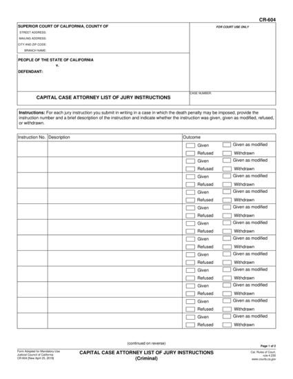 View CR-604 Capital Case Attorney List of Jury Instructions (Criminal) form