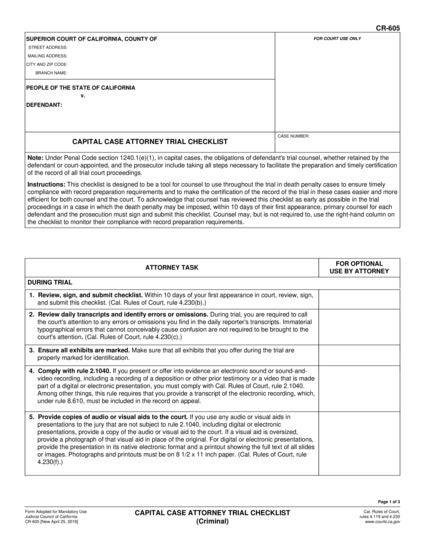 View CR-605 Capital Case Attorney Trial Checklist (Criminal) form