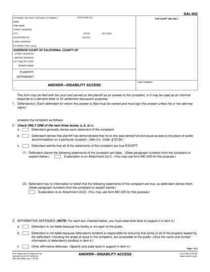 View DAL-002 Answer—Disability Access form