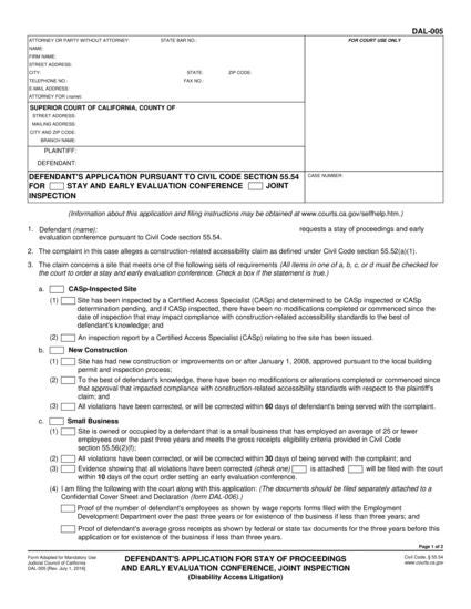 View DAL-005 Defendant's Application for Stay of Proceedings and Early Evaluation Conference, Joint Inspection form