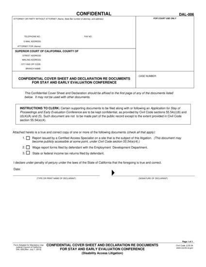 View DAL-006 Confidential Cover Sheet and Declaration re Documents for Stay and Early Evaluation Conference form