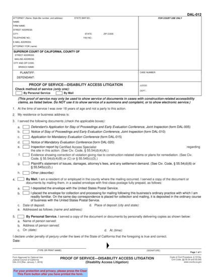 View DAL-012 Proof of Service—Disability Access Litigation form