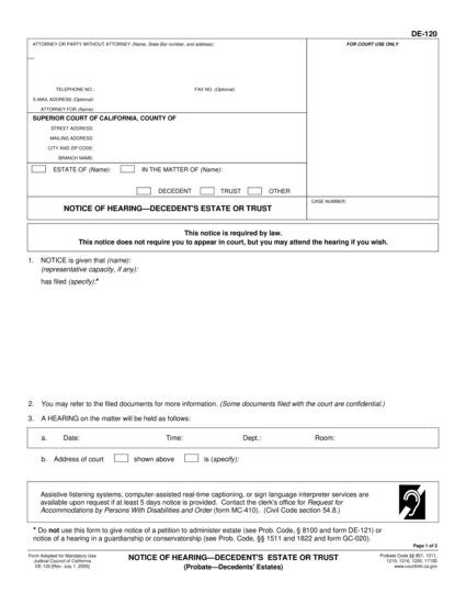 View DE-120 Notice of Hearing—Decedent's Estate or Trust form