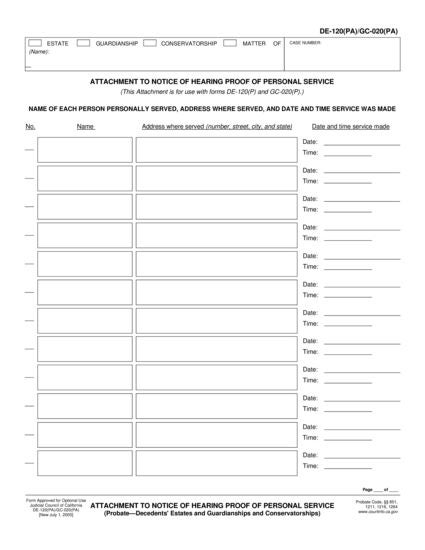 View DE-120(PA) Attachment to Notice of Hearing Proof of Personal Service form