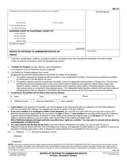 View DE-121 Notice of Petition to Administer Estate form