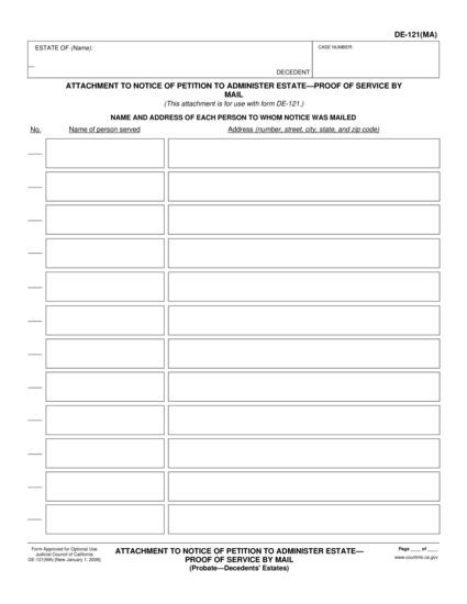 View DE-121(MA) Attachment to Notice of Petition to Administer Estate—Proof of Service by Mail form