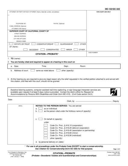 View DE-122 Citation—Probate form