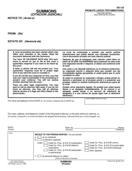 View DE-125 Summons (Probate) form