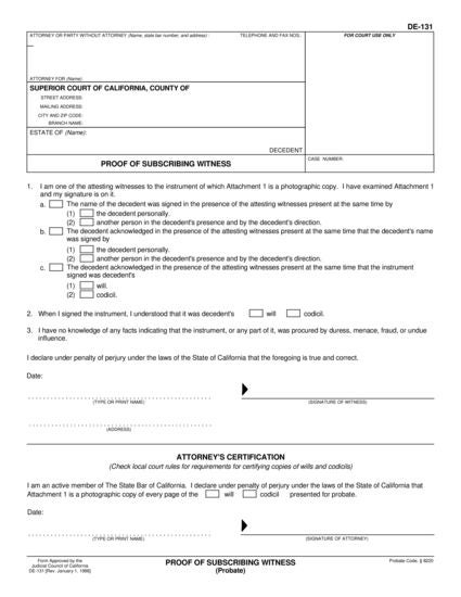 View DE-131 Proof of Subscribing Witness form