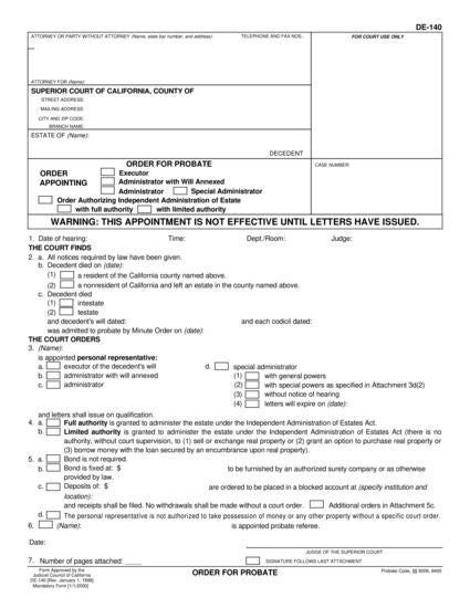 View DE-140 Order for Probate form
