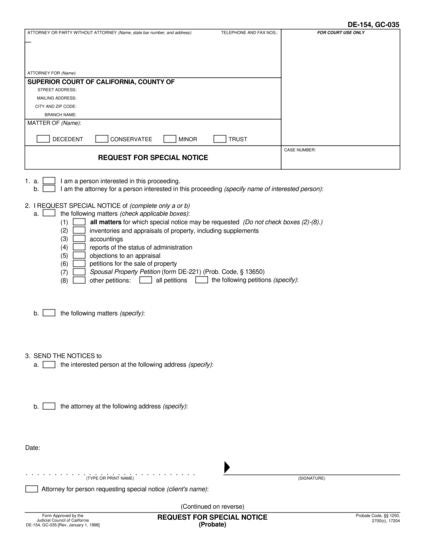 View DE-154 Request for Special Notice form
