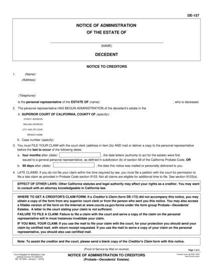 View DE-157 Notice of Administration to Creditors form