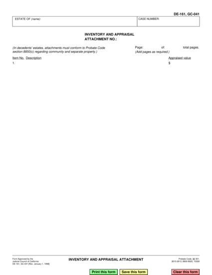 View DE-161 Inventory and Appraisal Attachment form