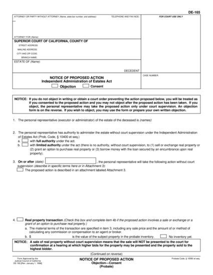 View DE-165 Notice of Proposed Action (Objection-Consent) form
