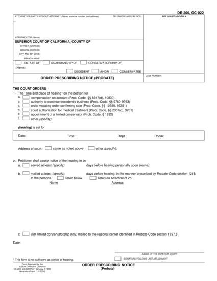 View DE-200 Order Prescribing Notice form