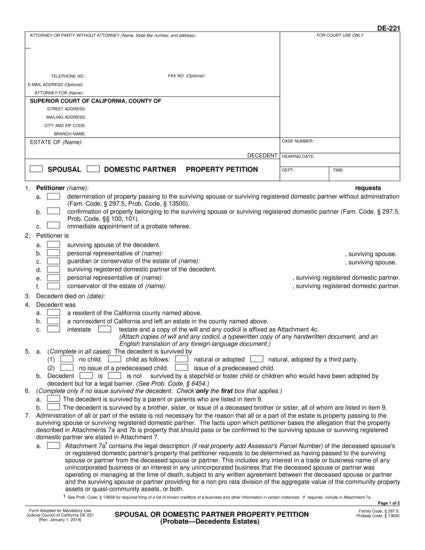 View DE-221 Spousal or Domestic Partner Property Petition (Probate—Decedents Estates) form