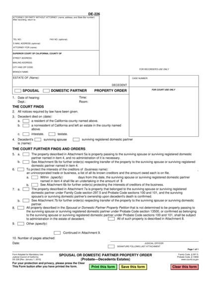 View DE-226 Spousal or Domestic Partner Property Order (Probate—Decedents Estates) form