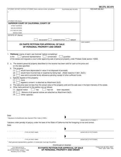 View DE-275 Ex Parte Petition for Approval of Sale of Personal Property and Order form