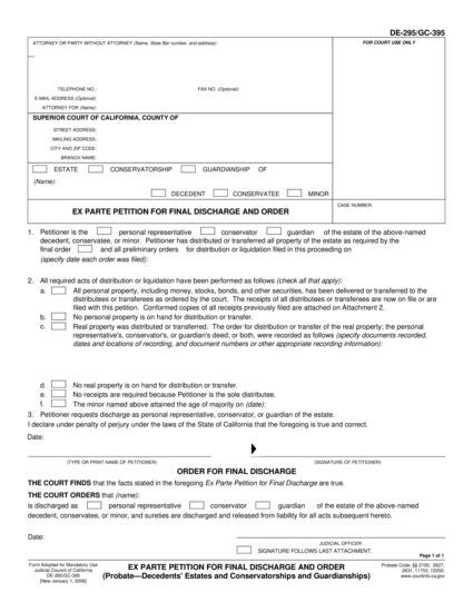 View DE-295 Ex Parte Petition for Final Discharge and Order form