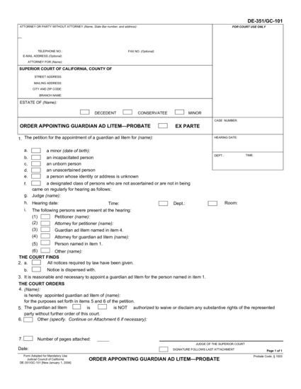 View DE-351 Order Appointing Guardian Ad Litem—Probate form