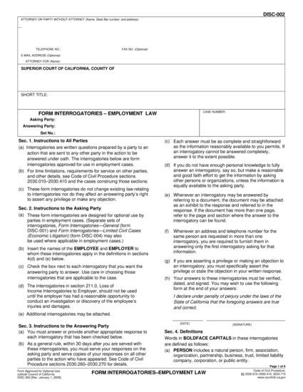 View DISC-002 Form Interrogatories—Employment Law form