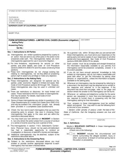 View DISC-004 Form Interrogatories—Limited Civil Cases (Economic Litigation) form