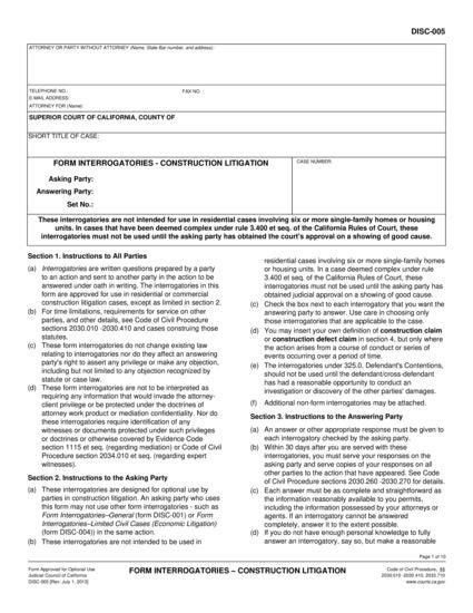 View DISC-005 Form Interrogatories—Construction Litigation form