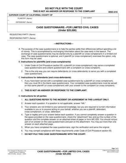 View DISC-010 Case Questionnaire—For Limited Civil Cases (Under $35,000) form