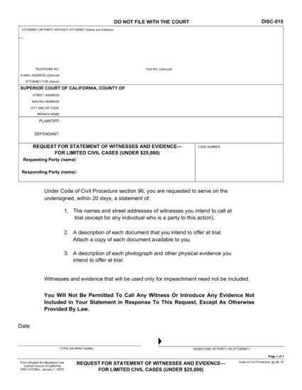 View DISC-015 Request for Statement of Witnesses and Evidence—For Limited Civil Cases (Under $35,000) form