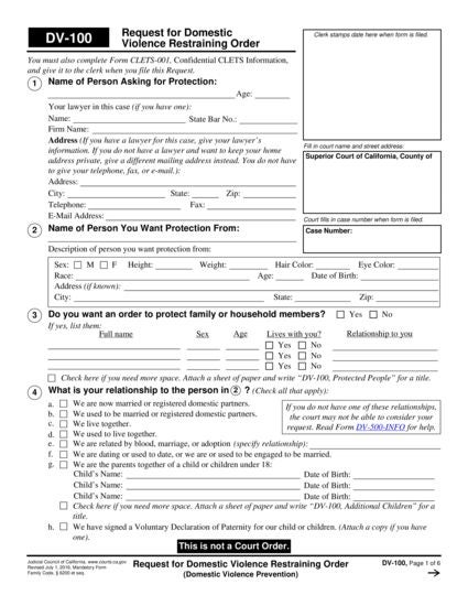 View DV-100 Request for Domestic Violence Restraining Order form