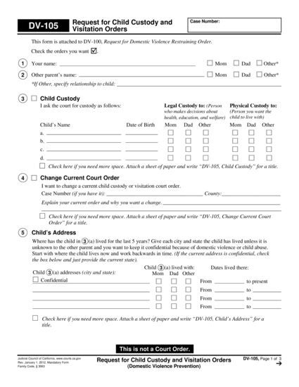 View DV-105 Request for Child Custody and Visitation Orders form