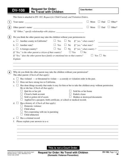 View DV-108 Request for Orders to Prevent Child Abduction (Domestive Violence Prevention) form