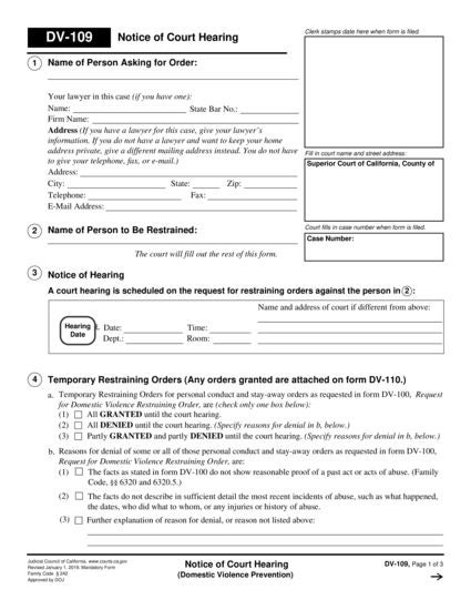 View DV-109 Notice of Court Hearing form
