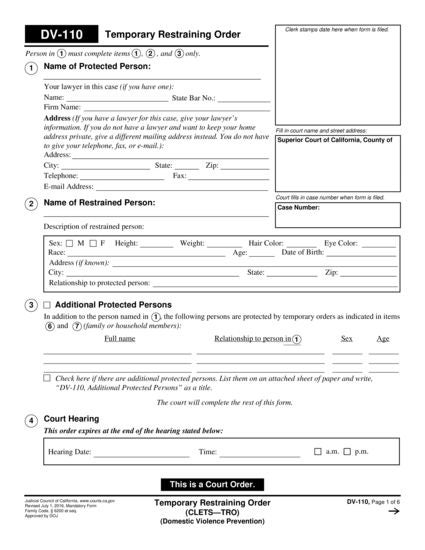 View DV-110 Temporary Restraining Order (CLETS—TRO) form